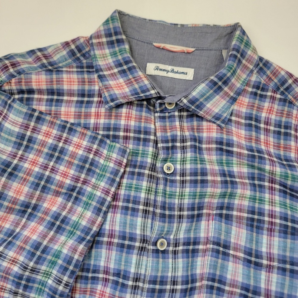 Tommy Bahama Button Up Shirt Mens L Blue Plaid Linen Cotton Short Sleeve *flaw